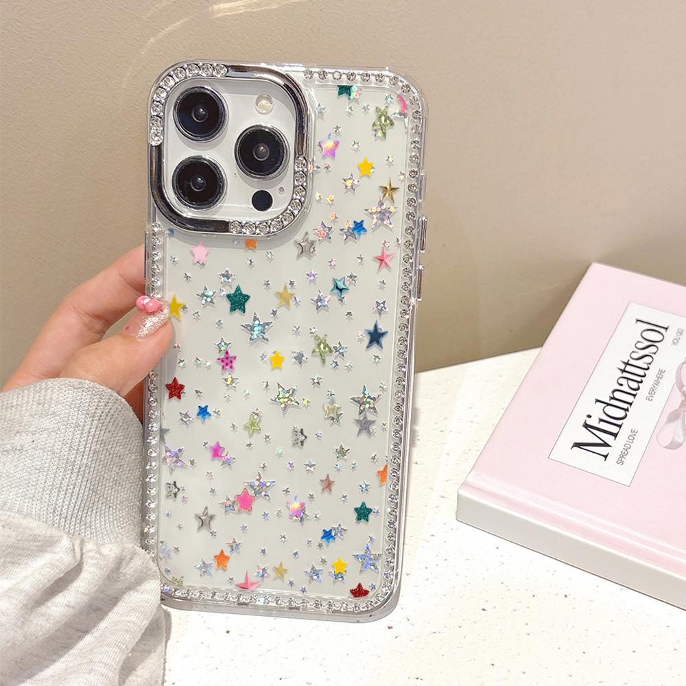 Applicable to iPhone16 flash diamond star mobile phone case full screen color star diamond Apple 17PROMAX hard case 15