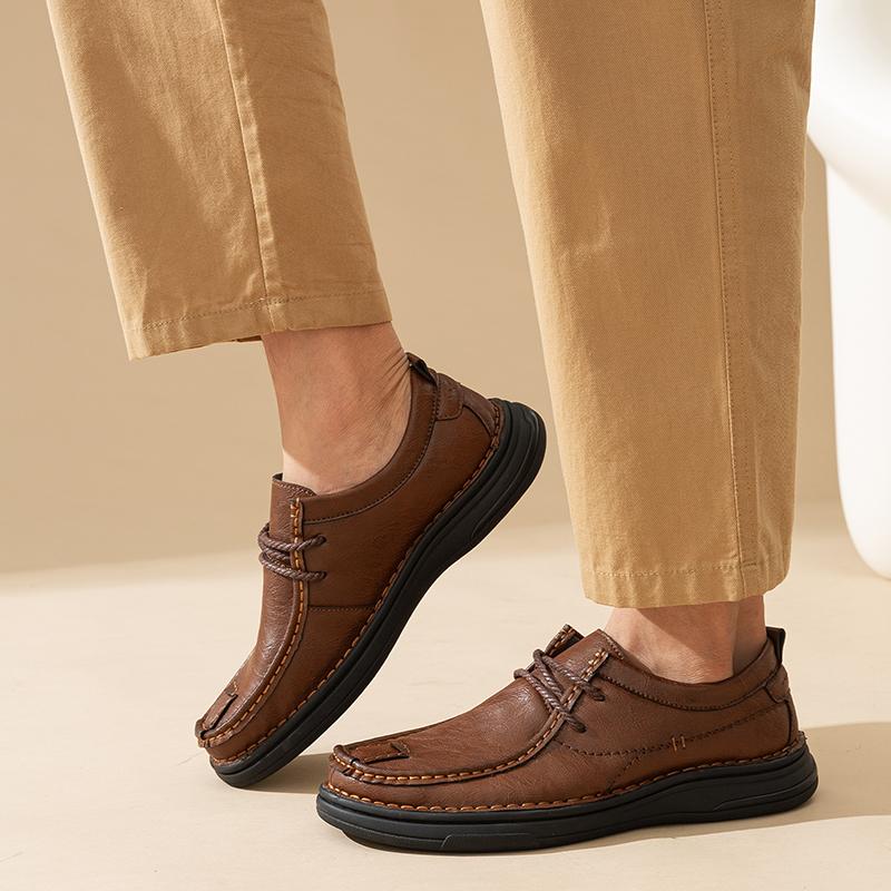 British Style Designer Soft Bottom Flats Fashion Handmade Mens Casual Leather Lace-Up Business Dress Shoes Office Walking Shoes