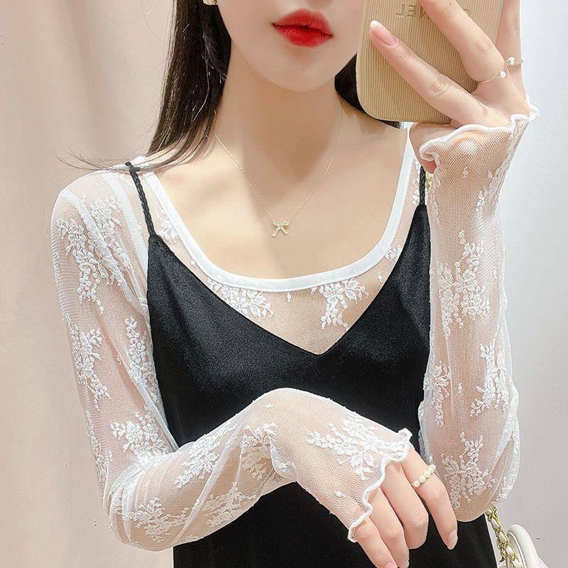 

Высококачественная кружевная рубашка на основе, женская, с длинными рукавами, сетчатый топ, сексуальная рубашка-пуловер S