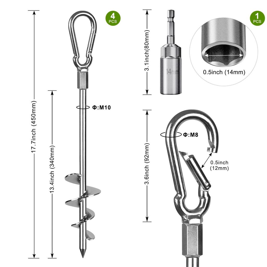 SELEWARE Ground Trampoline Tent Strong Wide Spiral Ground Anchors for and Animal Swing Sets 18-inch Screw-in Anchors, 4-Pack, Heavy-Duty Stakes,