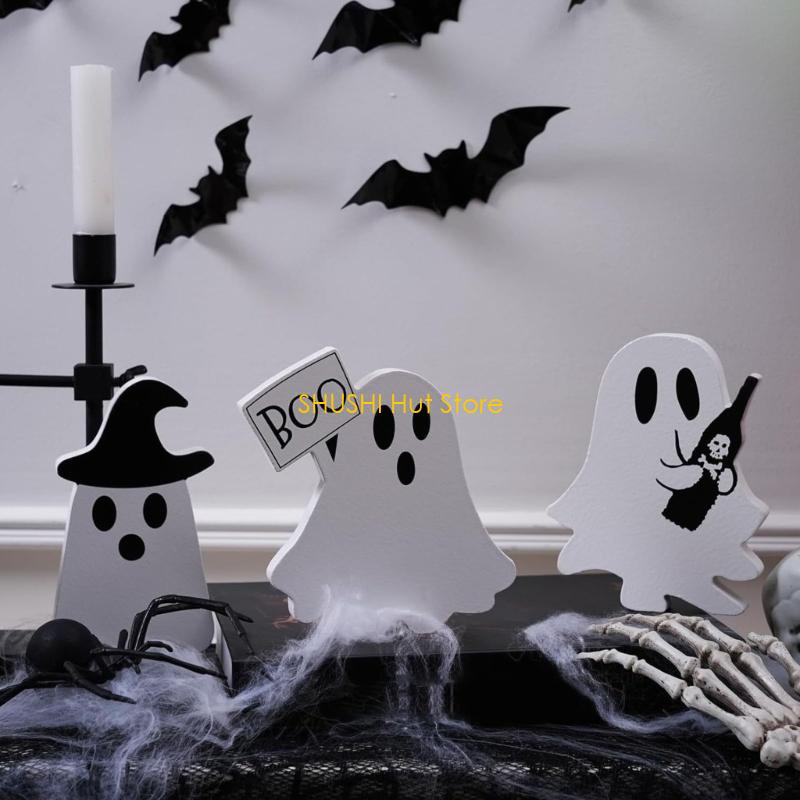 3 Piece Halloween Ghostly Table Sign Tiered Tray Decorations Funny Figurine Home Office Holiday Tabletop Shelf Display D57B