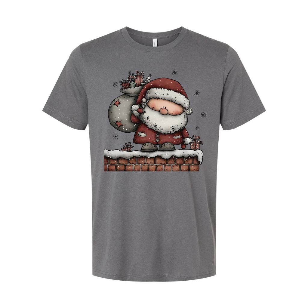 Santa Claus Standing On Snowy Chimney With Gift Sack Unisex Christmas Graphic T