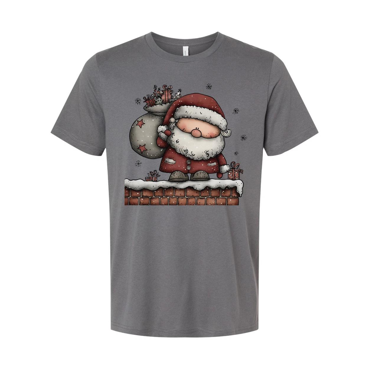 

Santa Claus Standing On Snowy Chimney With Gift Sack Unisex Christmas Graphic T 3XL