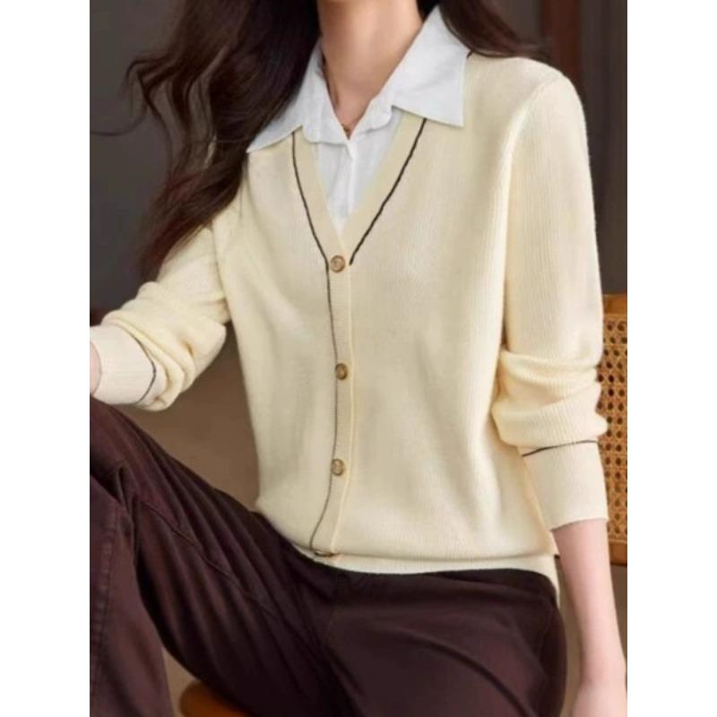 Fake two-piece knitted t-shirt women's long-sleeved autumn new shirt collar contrasting color splicing thin casual top spring