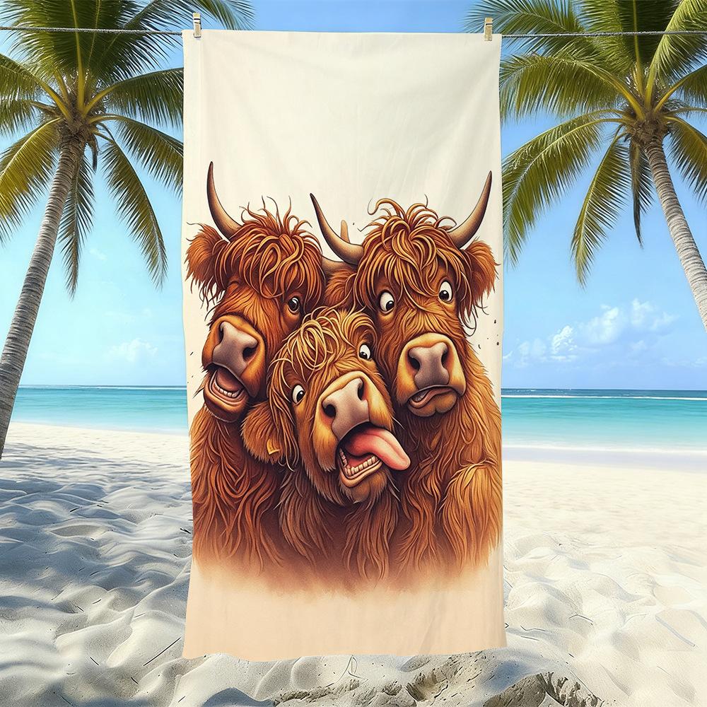 Europäisches und Amerikanisches Retro Hochlandrind Druck Strandtuch Mikrofaser Verdickt Wasseraufnahme Schnelltrocknend Outdoor Badetuch