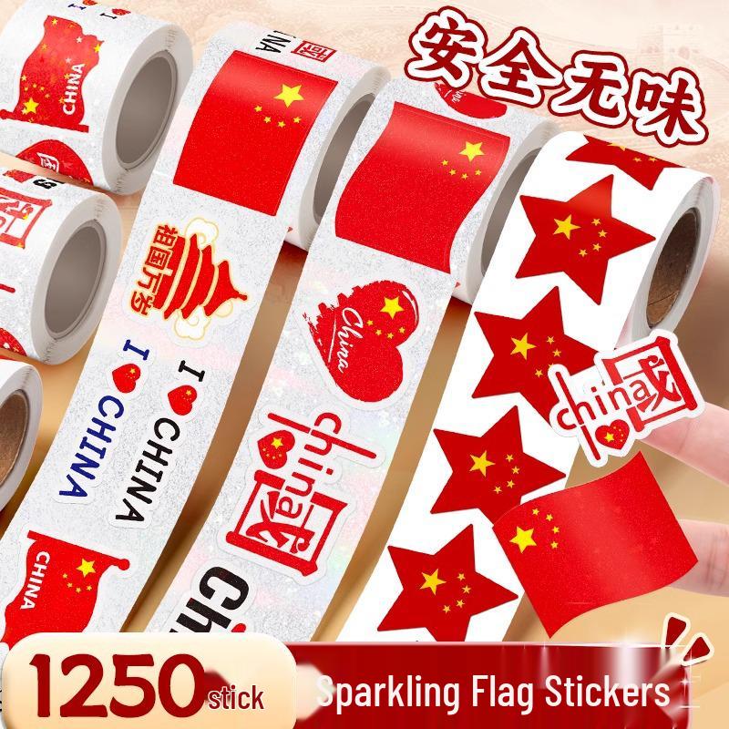 Patriotic Heart Stickers: 350 Self-Adhesive Five-Star Red Flag Stickers for National Day Events