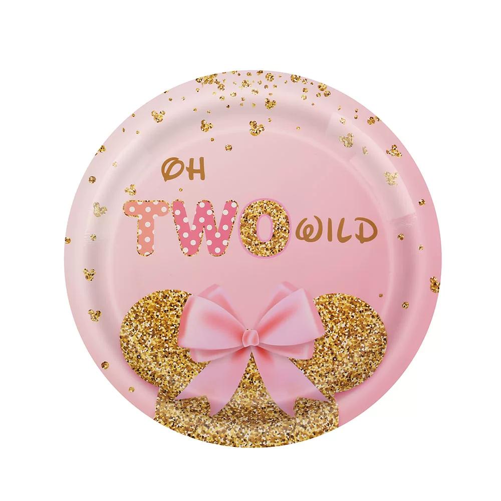 Birth Date Celebration Supplies Collection Minnie Mouse Style Pink Gold Glitter Disposable Utensils Children Birth Date Tableware Decor Favors