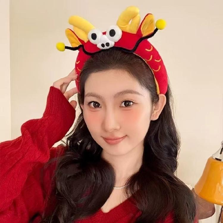 Plush Dragon/Fortunes God Headband for Chinese Spring Festival Celebration Seasonal Holiday Women Face Washing Hairband
