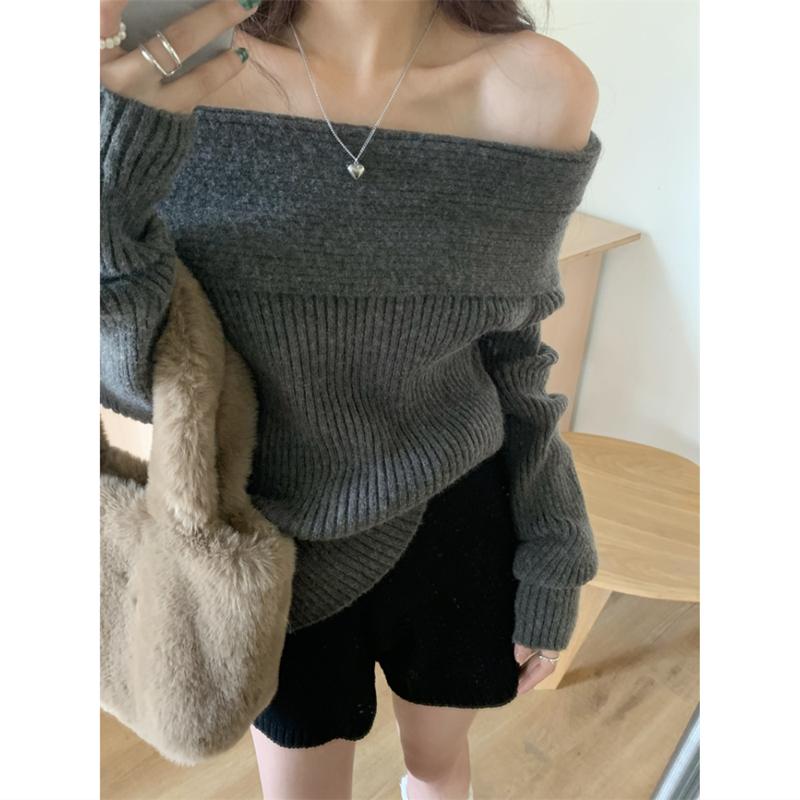 One-word Collar Strapless Clavicle Sweater Women's Spring, Autumn and Winter Western Style Fashion Long-sleeved Bottoming Sweater Top 8603