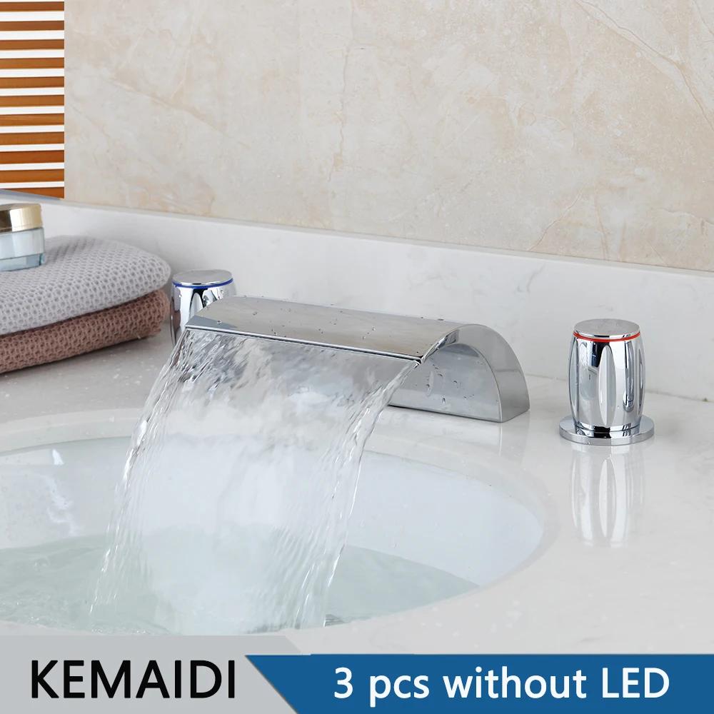 

KEMAIDI Bathroom Shower Faucet Set w/ Waterfall Spout Deck Mounted LED Bathtub Faucets Mixer W/Handspray Shower Solid Brass Tap