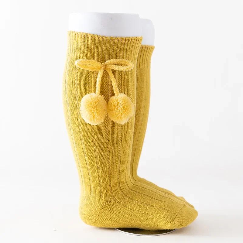 Autumn Winter Kawaii Baby Stockings Cotton British Princess Knee High Long Bow Pom Tube Socks for Girls Knitted Sock Warmer 0-4y