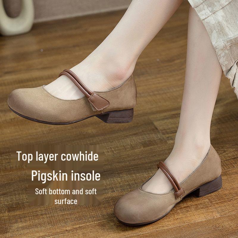 Women's Retro Genuine Leather Mary Jane Shoes - Soft Sole, Lightweight, Flat Bottom, Perfect for Spring and Autumn.