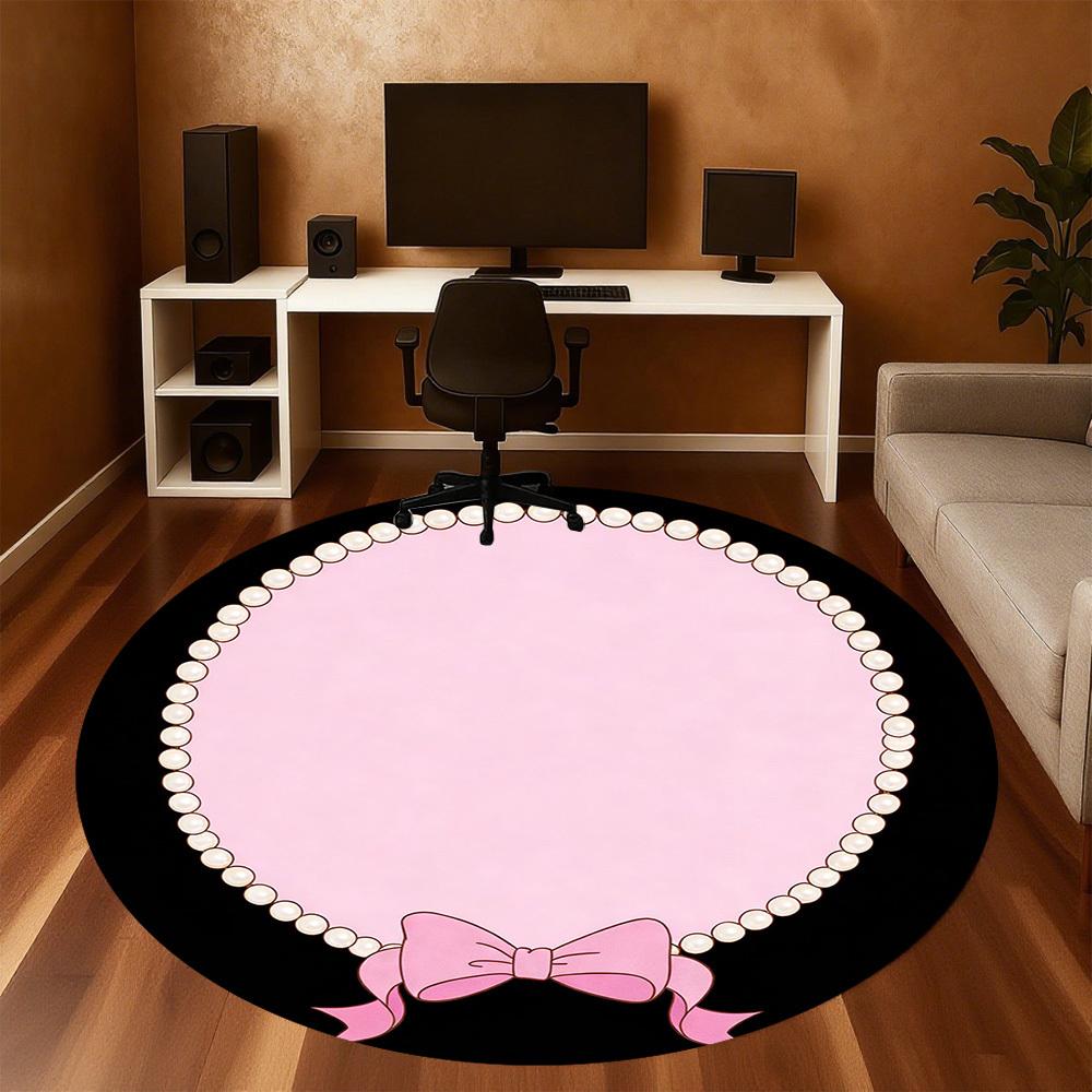 1pc Pearl Bow Round Chair Mat Office Area Rug - Non-Slip, Floor Mat for Office, Bedroom, and Indoor Decor P127219