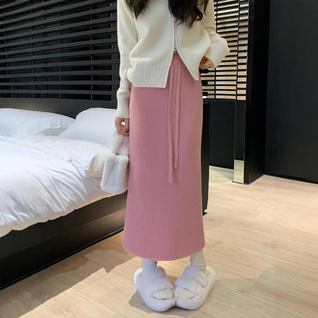 Women's High-Waist Fleece Knit Midi Skirt, Autumn/Winter 2025 Style: Thick, Loose, Drawstring, Straight Fit
