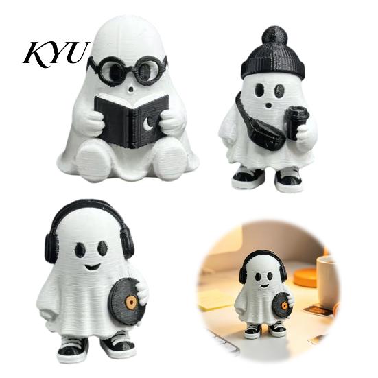 Creative Holiday Gift for Friends Cute Halloween Ghost Figurine, Holding Coffee/Book/Record Resin Statue, Desktop Ornaments Spooky Tabletop