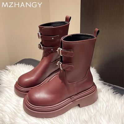 Fashion Platform Women Snow Mid Calf Boots Flats Leather Shoes Woman 2024 Trend Fashion Chelsea Boots Winter New Motorcycle Boots Mujer