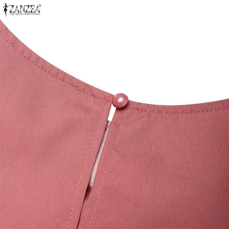 ZANZEA Women Casual Round Neck Solid Color Short Sleeve Pleated Dress