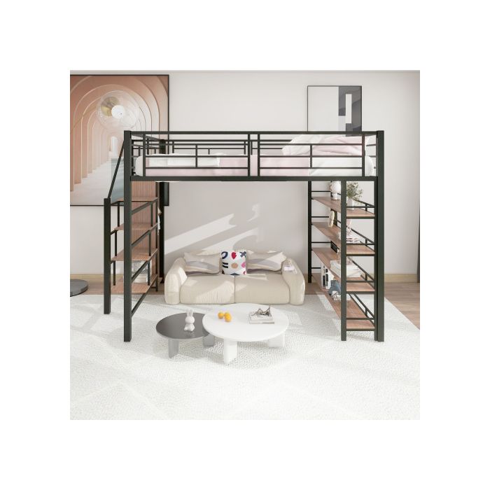 Lit Mezzanine - MUVOE - 140x200 Cm - Noir - Escalier De Rangement - Haute Clôture De Sécurité