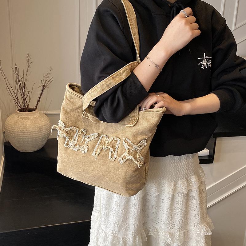 Ny jeansväska dam retro tvättad jeans bokstav casual axelremsväska mode student tygkasse axelväska