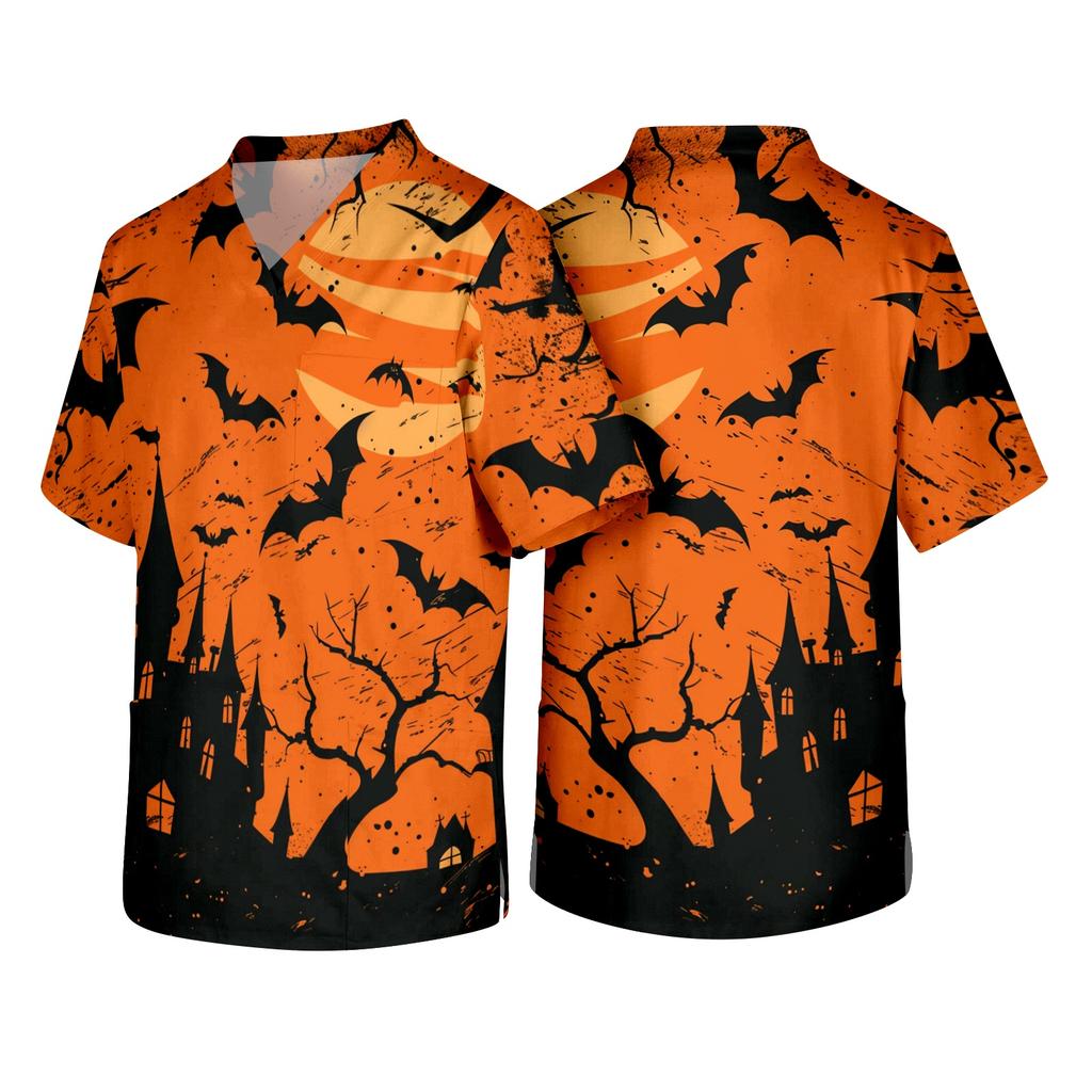 Men's Short Sleeve V Neck Halloween Print Medical Scrub Top with Chest Pocket Comfortable Fit Durable Fabric Suitable for Healthcare Professionals