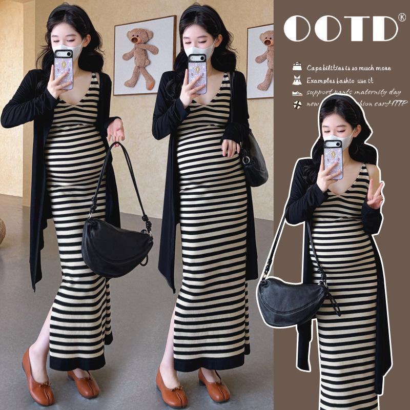 Elegant Spring/Summer Maternity Set: Cardigan Jacket + Striped Slit Camisole Dress L
