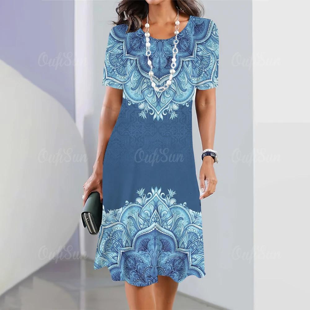 Women's Retro 3D Short-sleeved Pullover Summer Round Neck Dress Simple and Elegant Loose Skirt