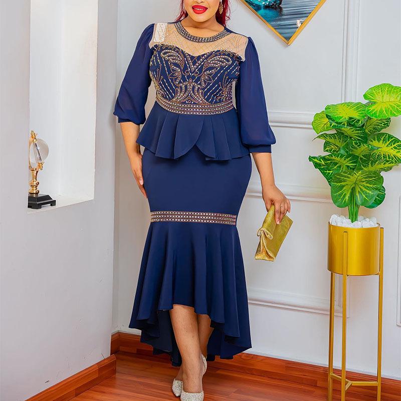 New 2023 African Two-Piece Set with Mesh Splicing and Hot Diamond Design