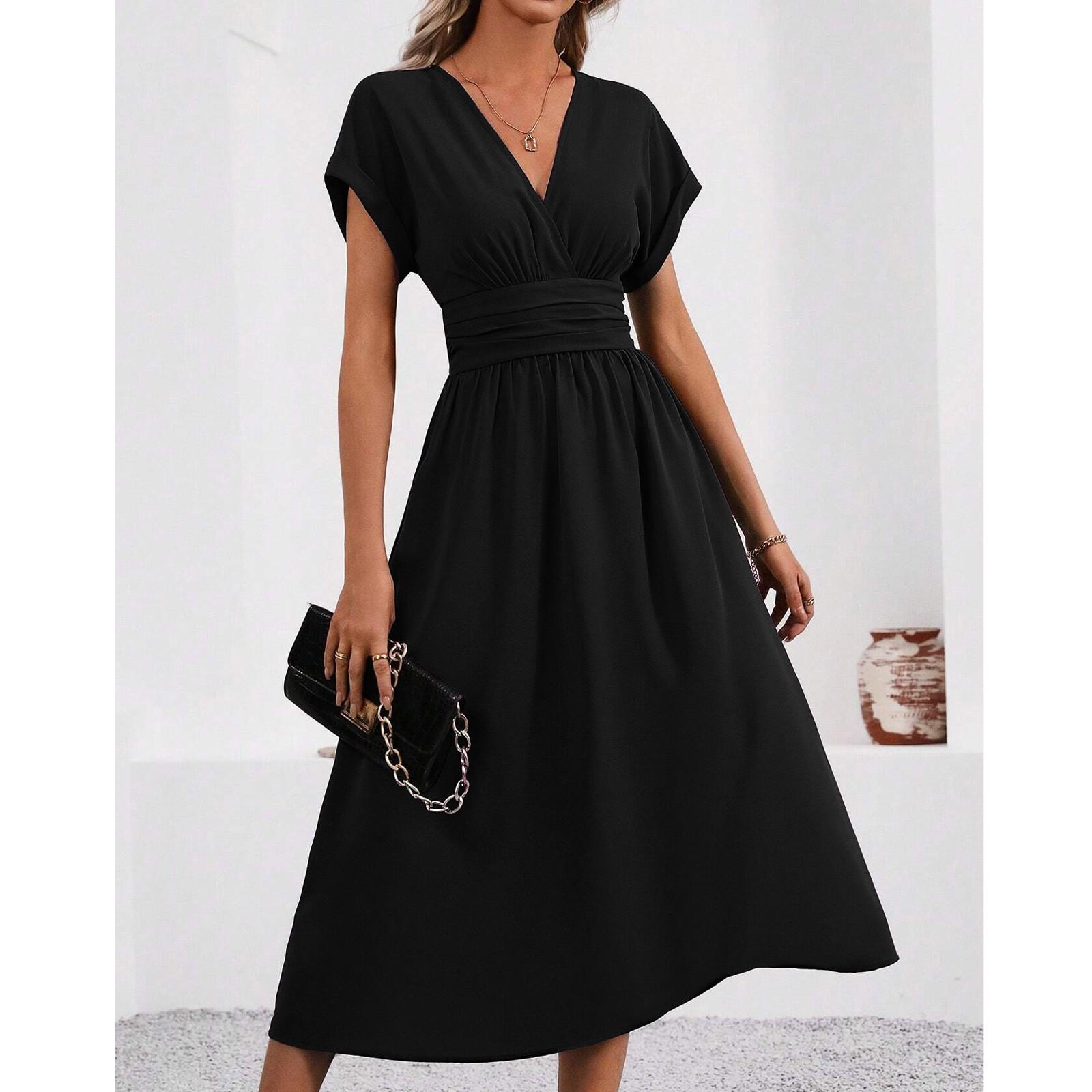 

Жіноча вільна повсякденна однотонна сукня максі з V-подібним вирізом, плісе на талії XXL чорний