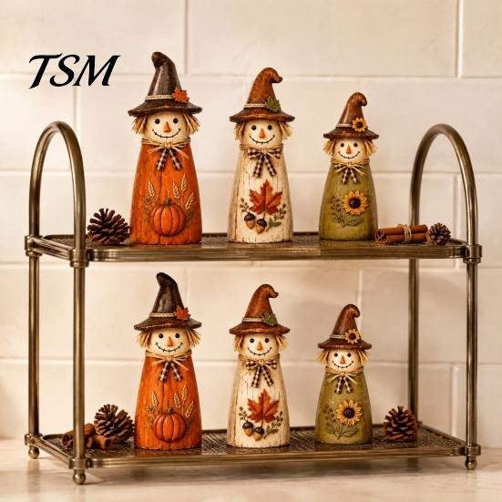 Festival Atmosphere Room Accessories Vintage Resin Scarecrow Figurines, Fall Harvest Pumpkin Sunflower Maple Cute Wizard Hat Ornaments Leaf