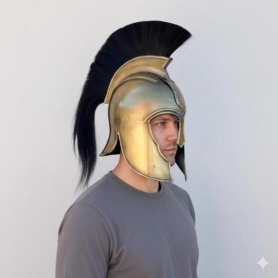 Medieval Troy Achilies Helmet with Black Plume, Spartan Greek Gladiator Armor, Handmade Bronze Warrior Helmet Replica