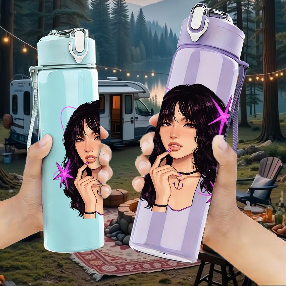 1PC Dark Hair Stylish Lady 750ml Color Plastic Sports Water Bottle Leakproof Flip Straw Lid Suitable for Sports Office Home Use
