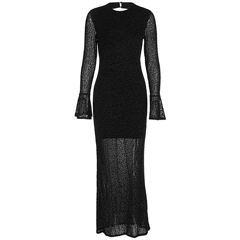 Women European Style Lace Round Neck Backless Slim Fit Formal Party Long Dress