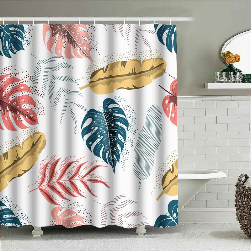 Patterned Shower Curtaincolorful Palm Leaves Feathers Decorative Waterproof Bathroom Fabric Curtains For Home Decoration Pink/Go