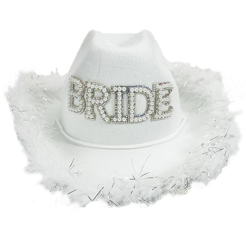 Pearl BRIDE Letter Cowboy Hats Wedding Party Cowgirl Hat Sunproof Hat with Plush Trim Western Elegant Dress Supply