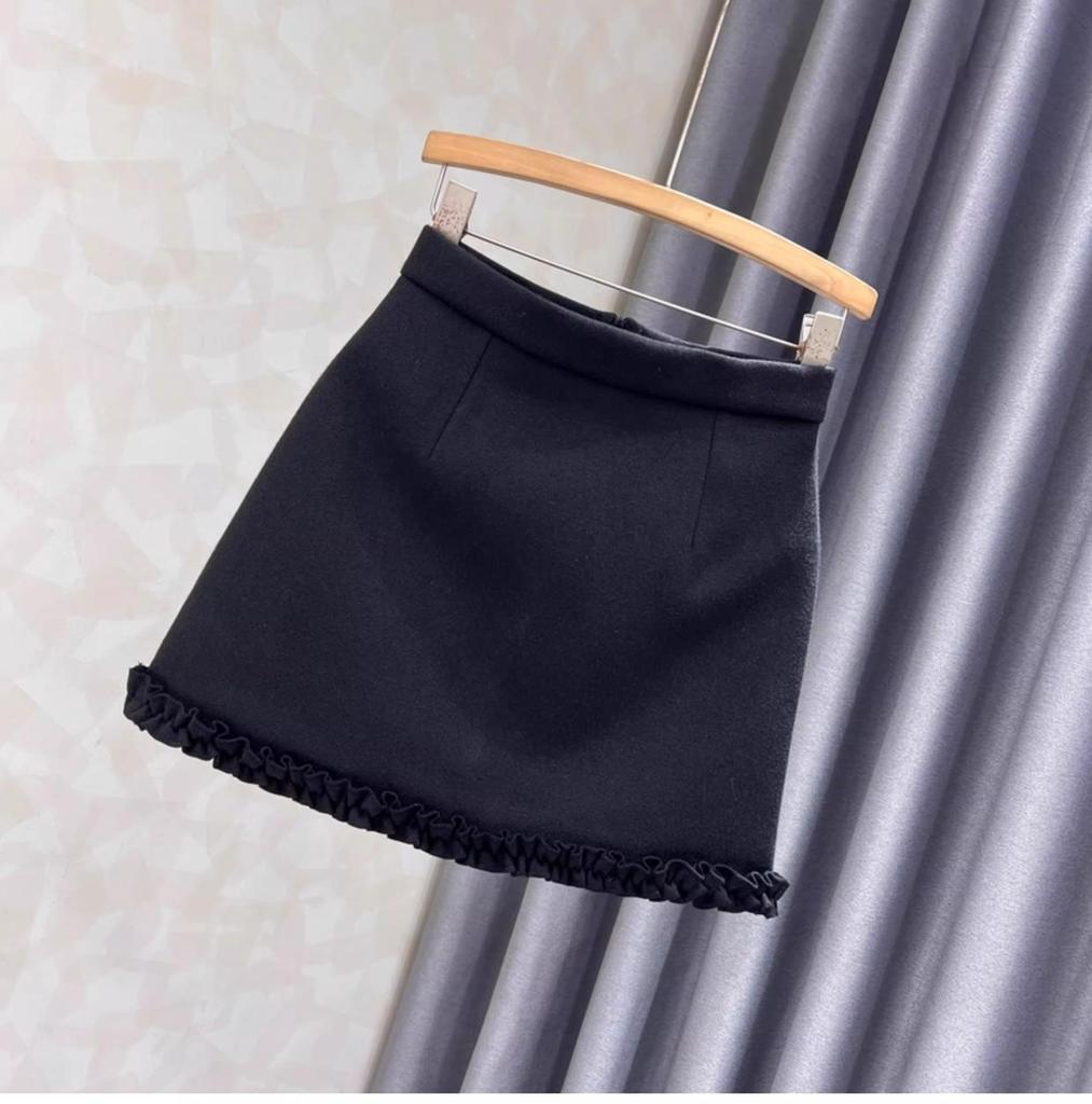 Women's Gray Wool Blend A-line High Waist Skirt - Autumn/Winter Slimming Petite Fit with Lace Detail