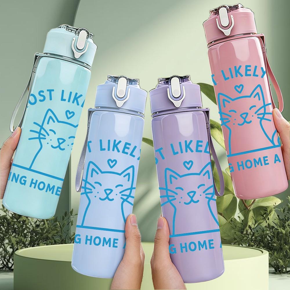 1PC Most Likely Bring Home A Cat Logo 750ml Color Plastic Sports Water Bottle Leakproof Flip Straw Lid Suitable for Sports Office Home Use