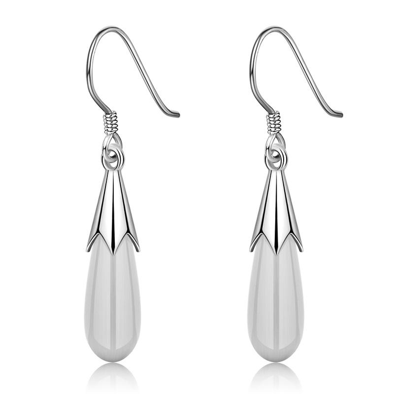 Qiaolanxuan Korean Style Sterling Silver Cat's Eye Teardrop Earrings with Natural Crystal