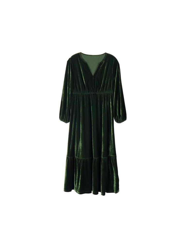 Plus Size Velvet Lantern Sleeve Slit V-neck Dress for Women (2025)