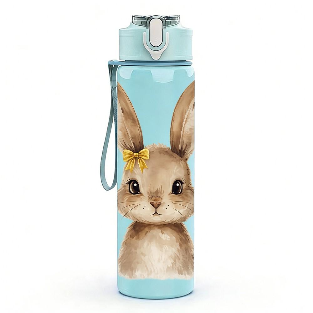 1PC Cute Long Ear Bunny Rabbit Portrait Print 750ml Color Plastic Sports Water Bottle Leakproof Flip Straw Lid Suitable for Sports Office Home Use