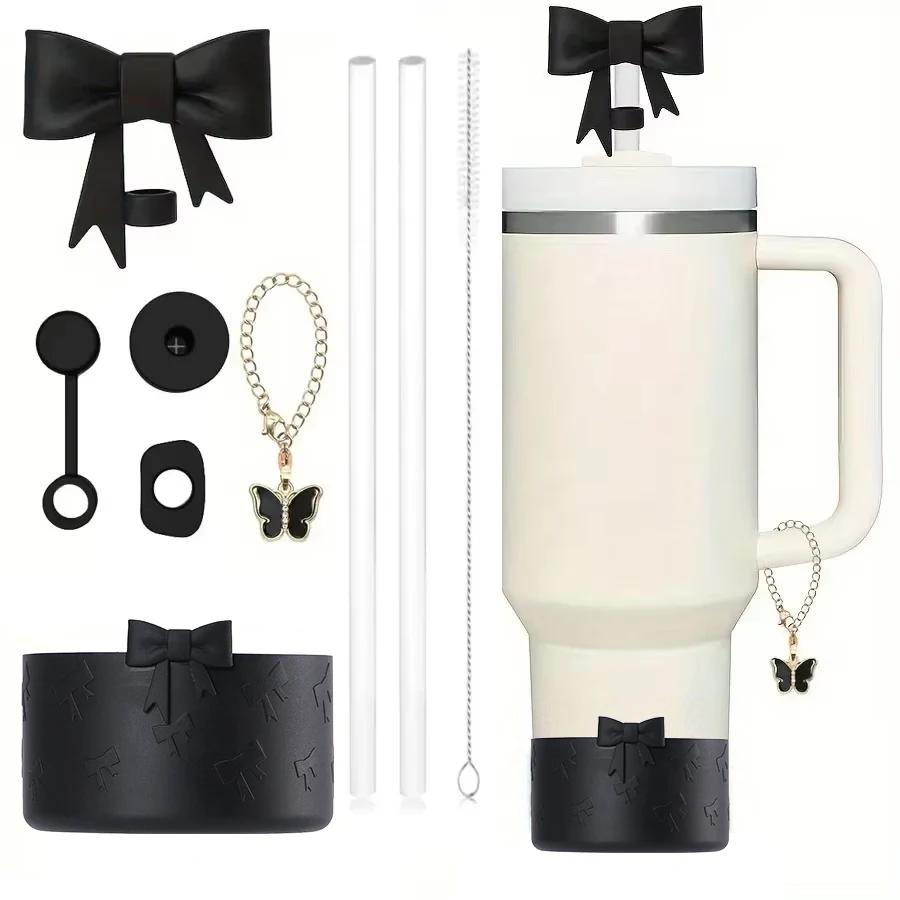 9-teiliges auslaufsicheres Stopper-Set für Stanley Cup Silikon-Boot Charm-Kette Strohhalm und Bürste 10-mm-Strohhalm-Abdeckkappe Schmetterlingskette