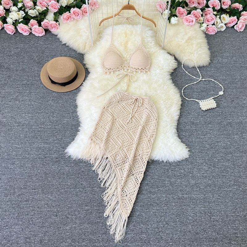 Vacation Style Suit Women's Stylish Bikini Halterneck Vest All-Matching Tassel Skirt Knitted Two-Piece