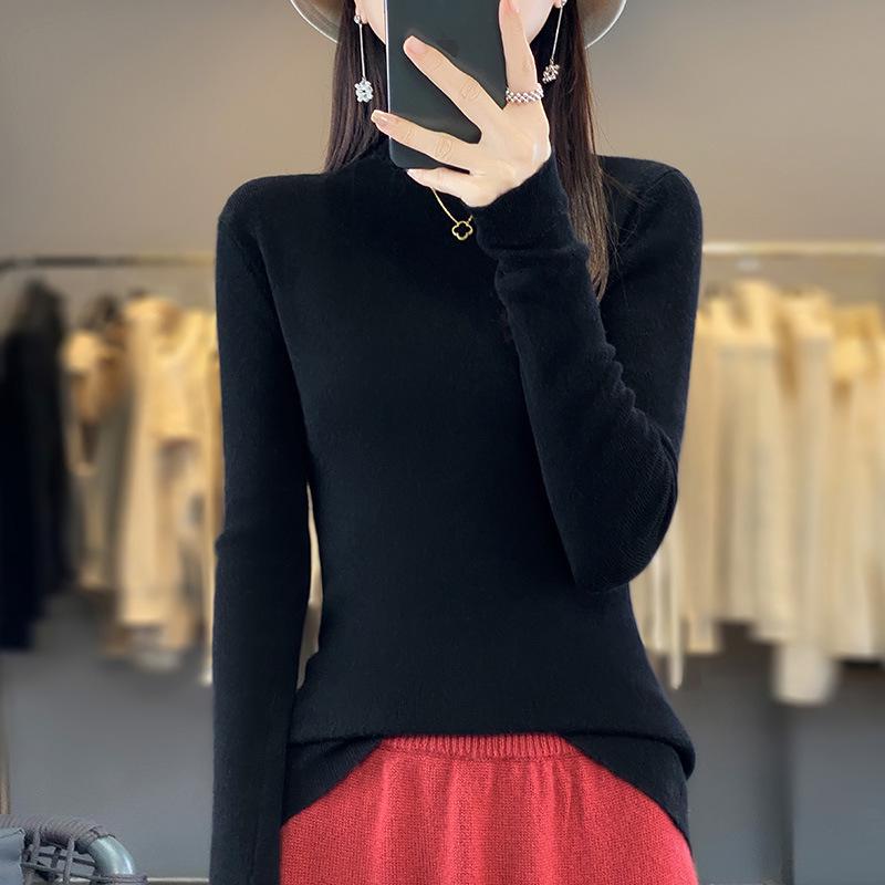Women's Warm Embroidered High Neck Knit Wool Sweater - Semi-Thin Pullover for Autumn/Winter