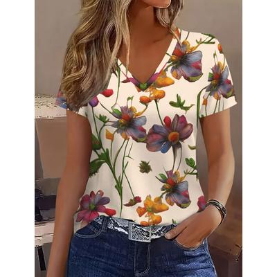 Elegant, Fashionable and Casual Floral Plant Leaves V-neck Short-sleeved T-shirt