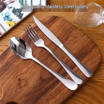 Verdicktes Edelstahl-Besteckset: Keramikteller, Steakmesser, Gabel, Löffel - Dreiteiliges westliches Essbesteck-Set