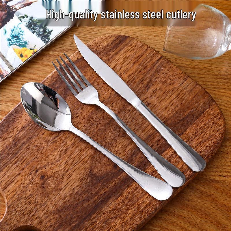 Thickened Stainless Steel Cutlery Set: Ceramic Plate, Steak Knife, Fork, Spoon - Three-Piece Western Dining Set