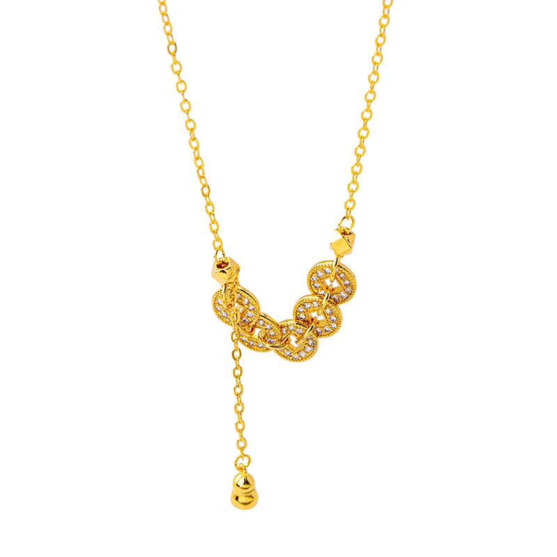 Ancient Five Emperor Coin Necklace & Diamond-Set Copper Earrings - Trendy, Long-Lasting Jewelry for Women