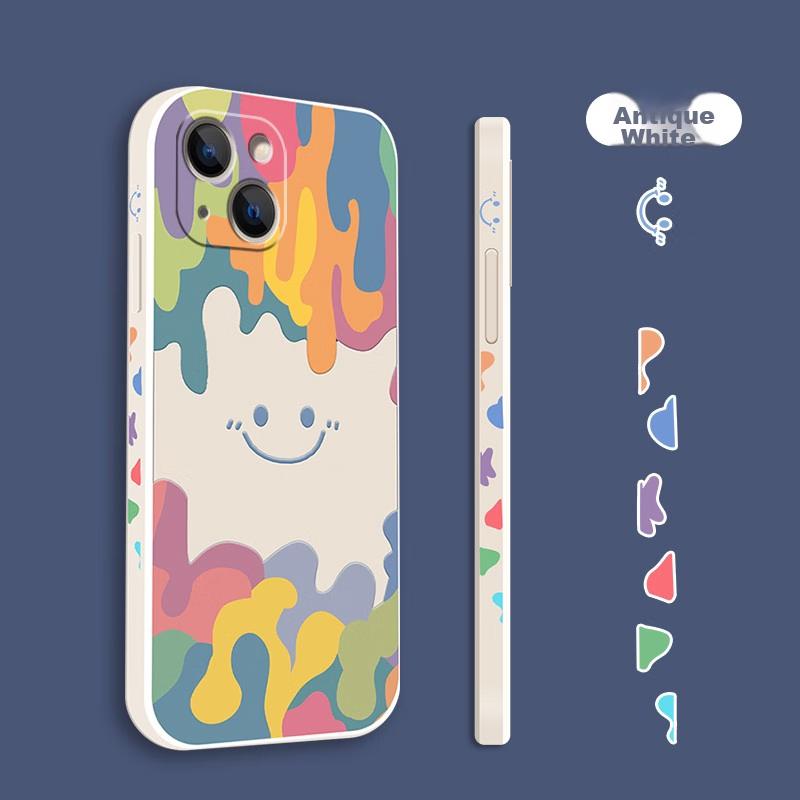 Liquid Silicone Case for IPhone 13, Protective Cover with Painted Creative Design, Shockproof Soft Smiley Face], 6.1 Inch, White