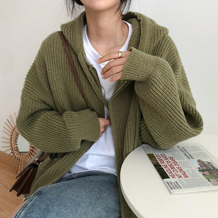 Loose Knitted Hooded Sweater Cardigan Coat Solid Color Womens Top