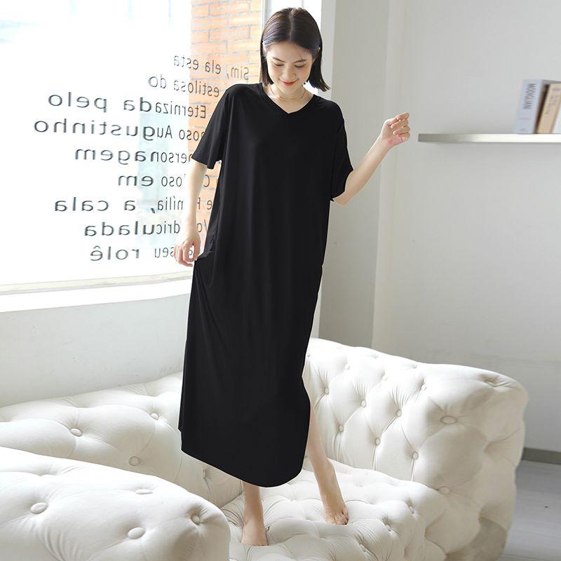 Modal Loose Nightdress Women's Summer Home Thin Casual Dress Ice Silk plus Size Slim Looking Short Sleeve Dress