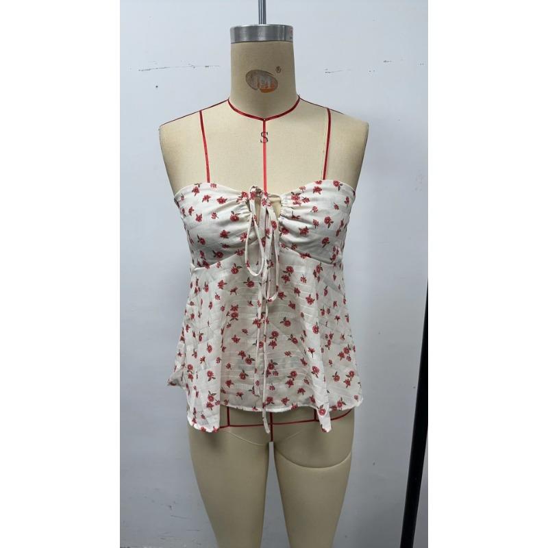Sommer Damen Temperament Bedruckte Krawatte Sexy Rückenfreies Tanktop mit Blumenmuster